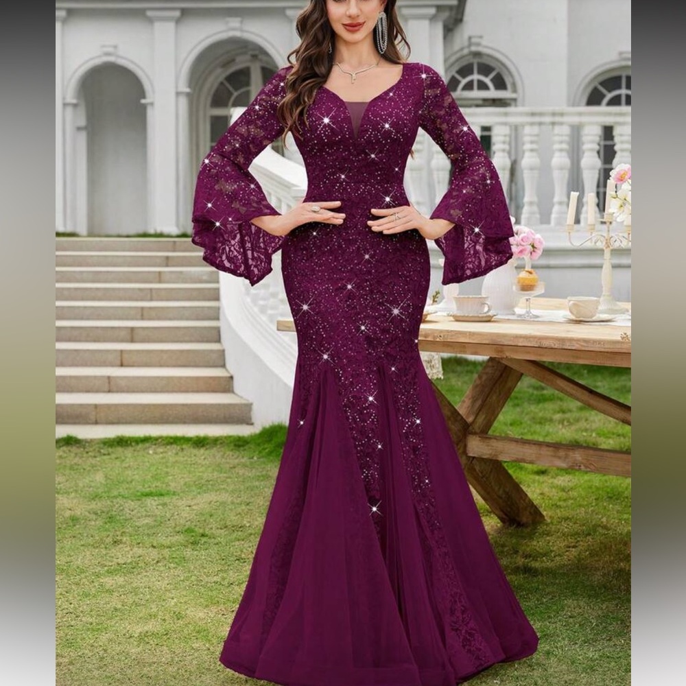 Elegant Lace Evening Gown in Purple